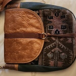 Gorgeous Handmade Leather And Recycled Rug Crossbody Bag